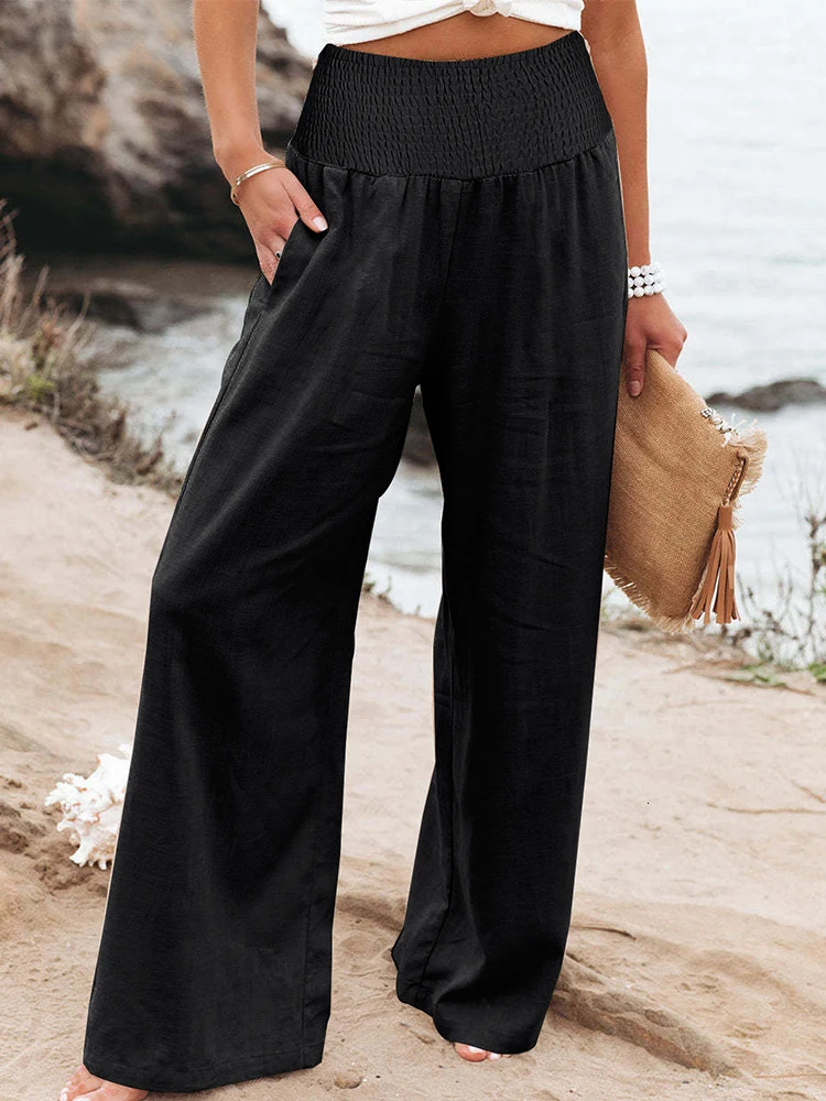 plus Size High Waist Wide Leg Cotton Linen Pants Womens Elastic Trousers Retro Fashion Casual Spring Summer 251211