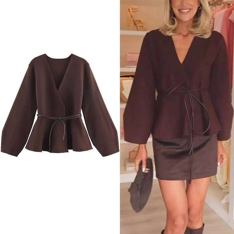 Designer Clothes Jacket Fashion With Belt Knitted Short Coats Women Casual Loose High Street V Necl Long Sleeve New Jackets Outerwear Hot Selling