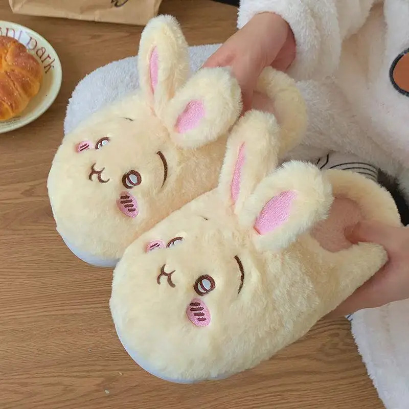 Anime Chiikawa Usagi Womens Plush Slippers Winter Kawaii Cartoon Cute Thicken Warm Girl Anti Slip Plush Warm Cotton Shoes Gifts 251210