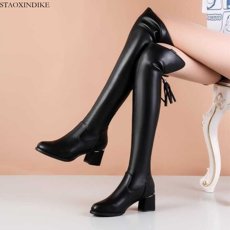 STAOXINDIKE Mid-Heel Long Boots for Women 2024 Winter New Round-Toe Martin Boots Fashionable Fleece-Lined Warm Leather Boots Student Shoes