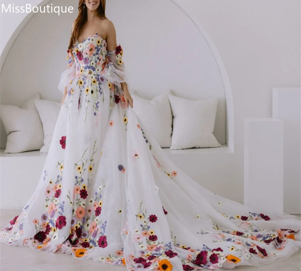Colorful Sy Wer Wedding Dresses Boho Fairytale A E D Ral Appliques Rustic Country Bridal Gowns Detachable Sleeves Ivory Tulle Bride Dress 1212