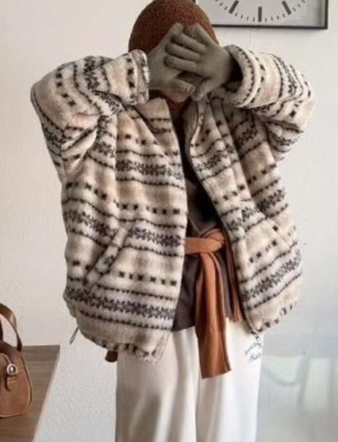 Autumn Winter Lambswool Coat Women Striped Floral Print Fashion Ladies Jackets Korean Style Loose Casual Long Sleeve Woman Coats Luxury
