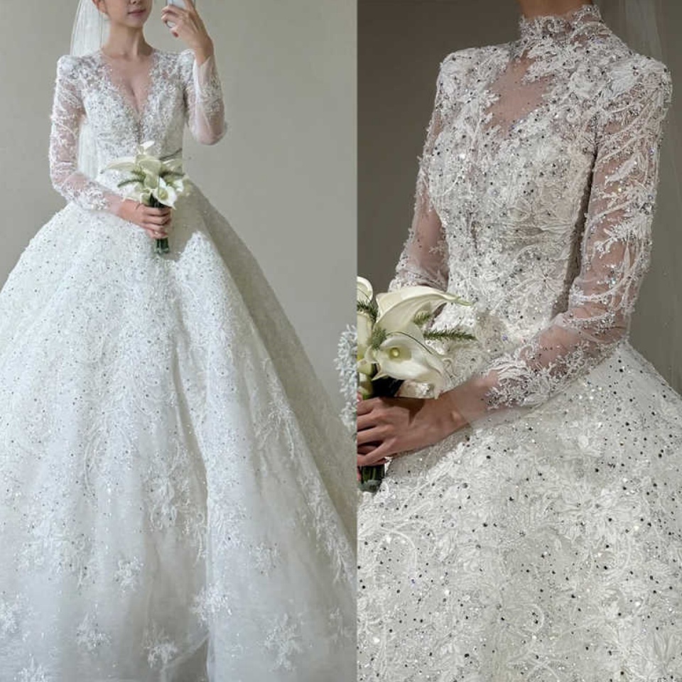 Customized Beaded Wedding Dresses Lace Sequins Ball Gown O Neck Full sleeve Bridal Dress Lace Up Vestidos De Novia