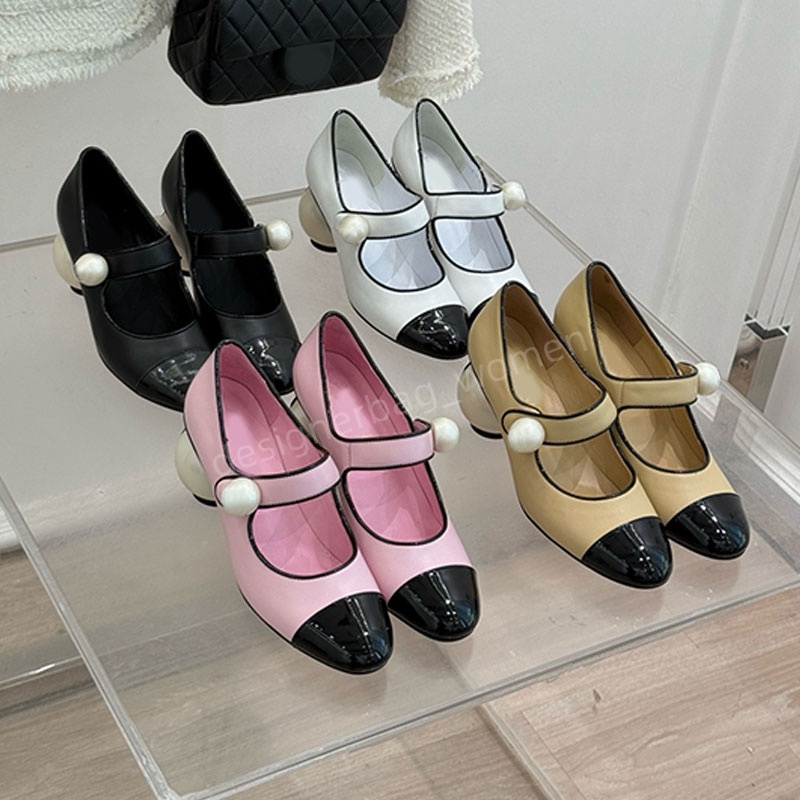 New pearl heels shoes Designer women ballets Shoes womens Mary Jane shoes Pearl heel Pump Lady High-heeled Ballet 5.5cm Top Quality Metal Buckle rou