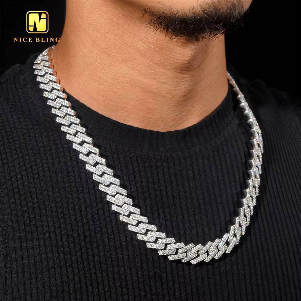 Fashion Hip Hop Jewelry High Quality 15mm Two Row Popular 925 Silver Moissanite Iced Cuban Link Chains