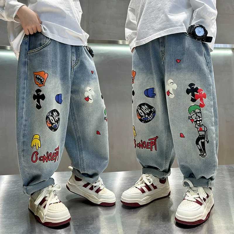 Spring Kids Retro Blue Jeans with Cartoon Print For Boys Casual Loose Straight Fit Denim Pants Child High Waist Jeans TrousersT251212-image-1088146557