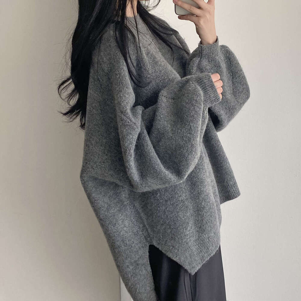 Dongdaemun Autumn Winter New Korean Style Lazy Simple Round Neck Lantern Sleeve Knitted Sweater Women Loose Top B5