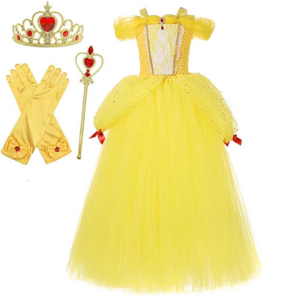 3 Layers Yellow Princess Bella Costumes Girls Christmas Long Tutu Dress Kids New Year Outfit Pageant Party Ball Gown with Crown X251212