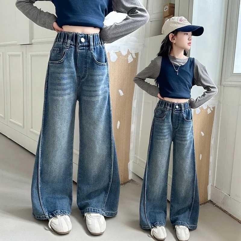 New Autumn 4-14Y Girl Dark Blue Jeans Foldable Wide Leg Denim Pants Kids Child Spring Chic Streetwear High Waist Jeans TrousersT251212