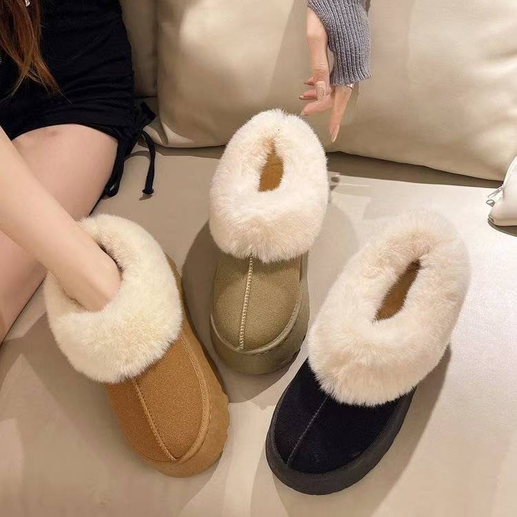 Thick soled snow boots, height increasing and warm wool lined cotton shoes, winter indoor women's cotton slippers, closed toe flat shoes, desig