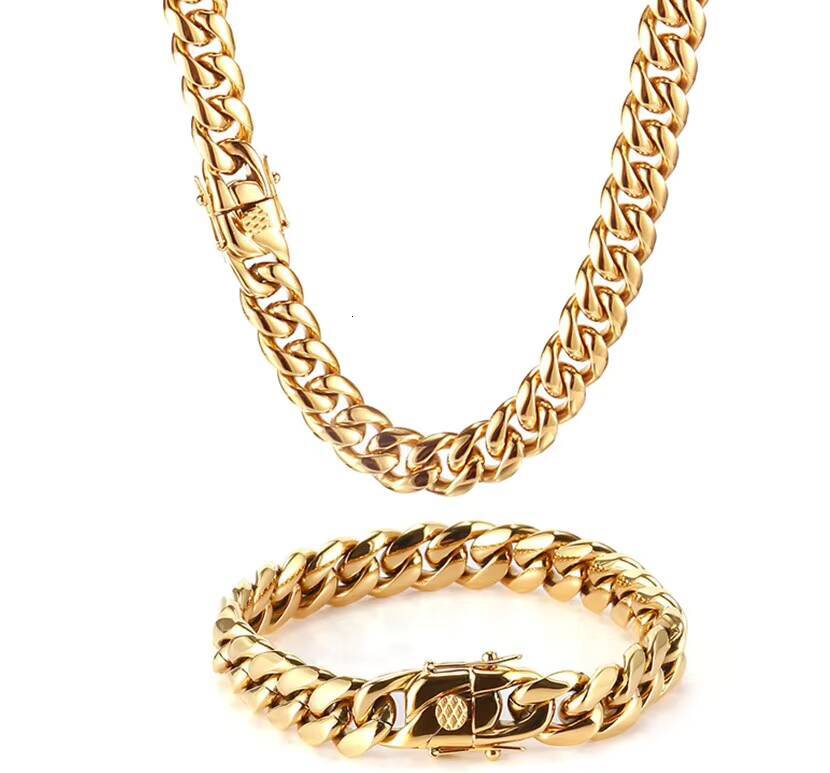 Mens Hip Hop Gold Plated Cuban Jewelry Wholesale Stainless Steel Cuban Chain Necklace Bracelet 18k PVD Gold Plated Miami Cuban