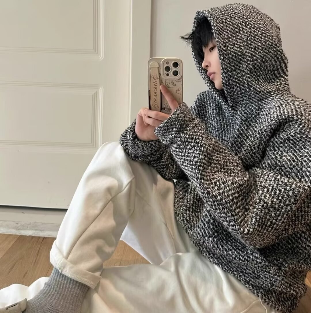 Fashion Chic Retro Tweed Hooded Sweatshirt Vintage Small French Style Trendy Brand Men Spring Autumn Heavy Tweed Loose Pullover Versatile Long Sleev