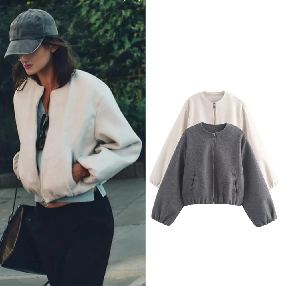 Ladies Fashion Autumn Winter Jacket Women Retro Round Neck Long Sleeve Elastic Hem Zipper Soft Bomber Jacket Women Coat Female 251211