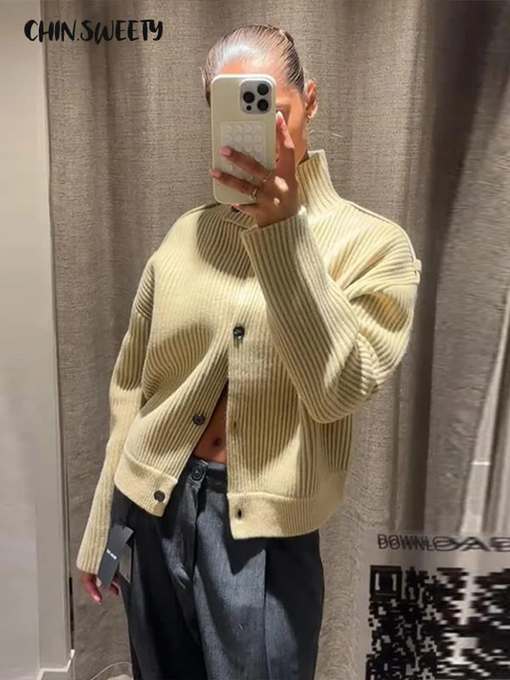 Casual Womens Knitted Cardigan Stand Collar Single-Breasted Solid Knitwear Lady 2025 Autumn Winter Chic Female Street Outerwear251205