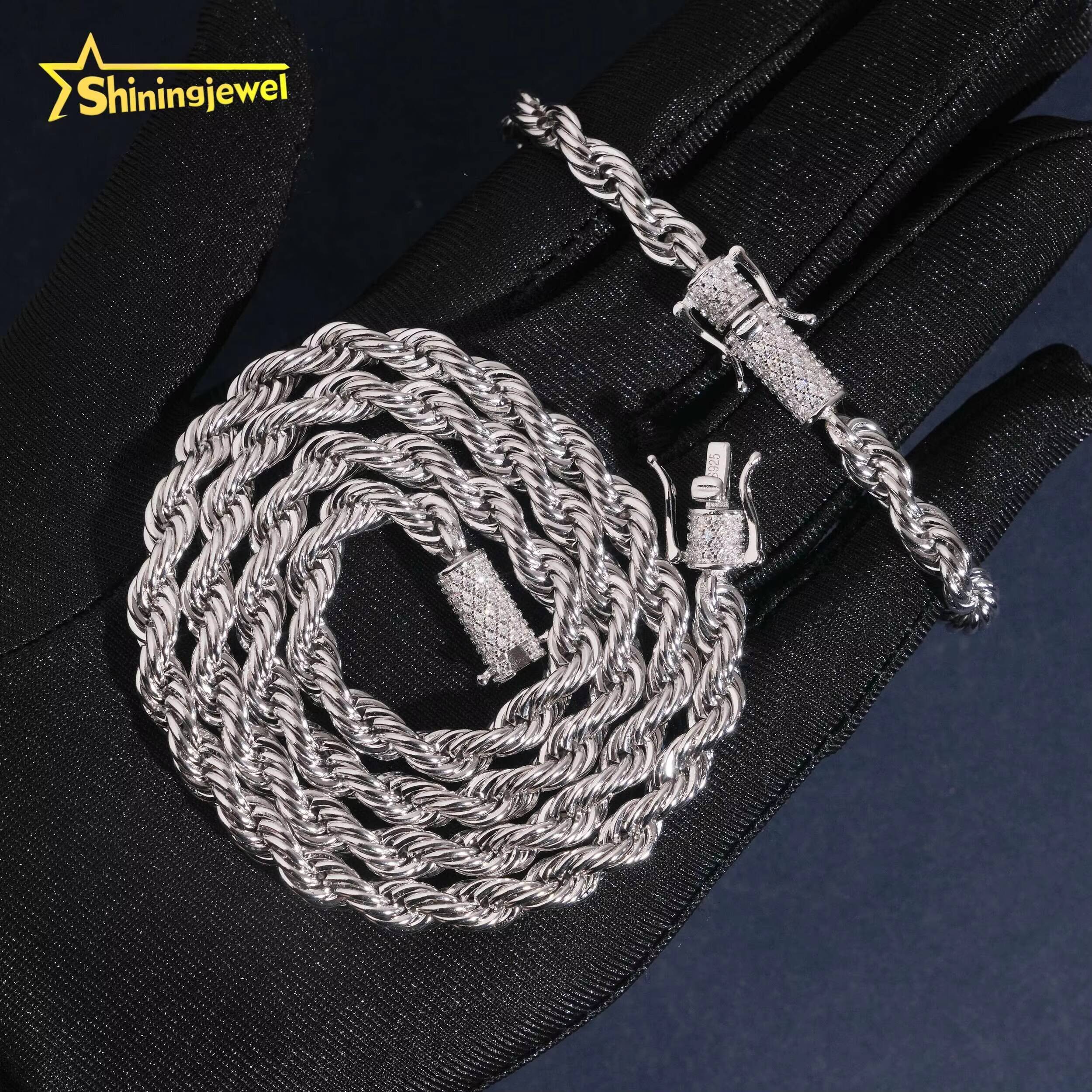 High Quality 6MM Solid 925 Silver VVS Moissanite Clasp Iced Out Hip Hop Jewelry Diamond Stainless Steel Rope Chain Men Necklace