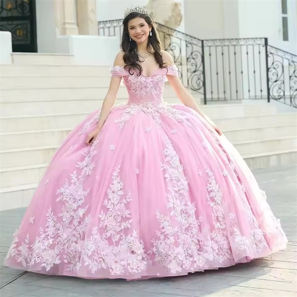 Abito da ballo Abiti Quinceanera Rosa scintillante Principessa XV Spalle scoperte Pizzo Plus Size Personalizzato Dolce 15 16 Abiti da festa di compl