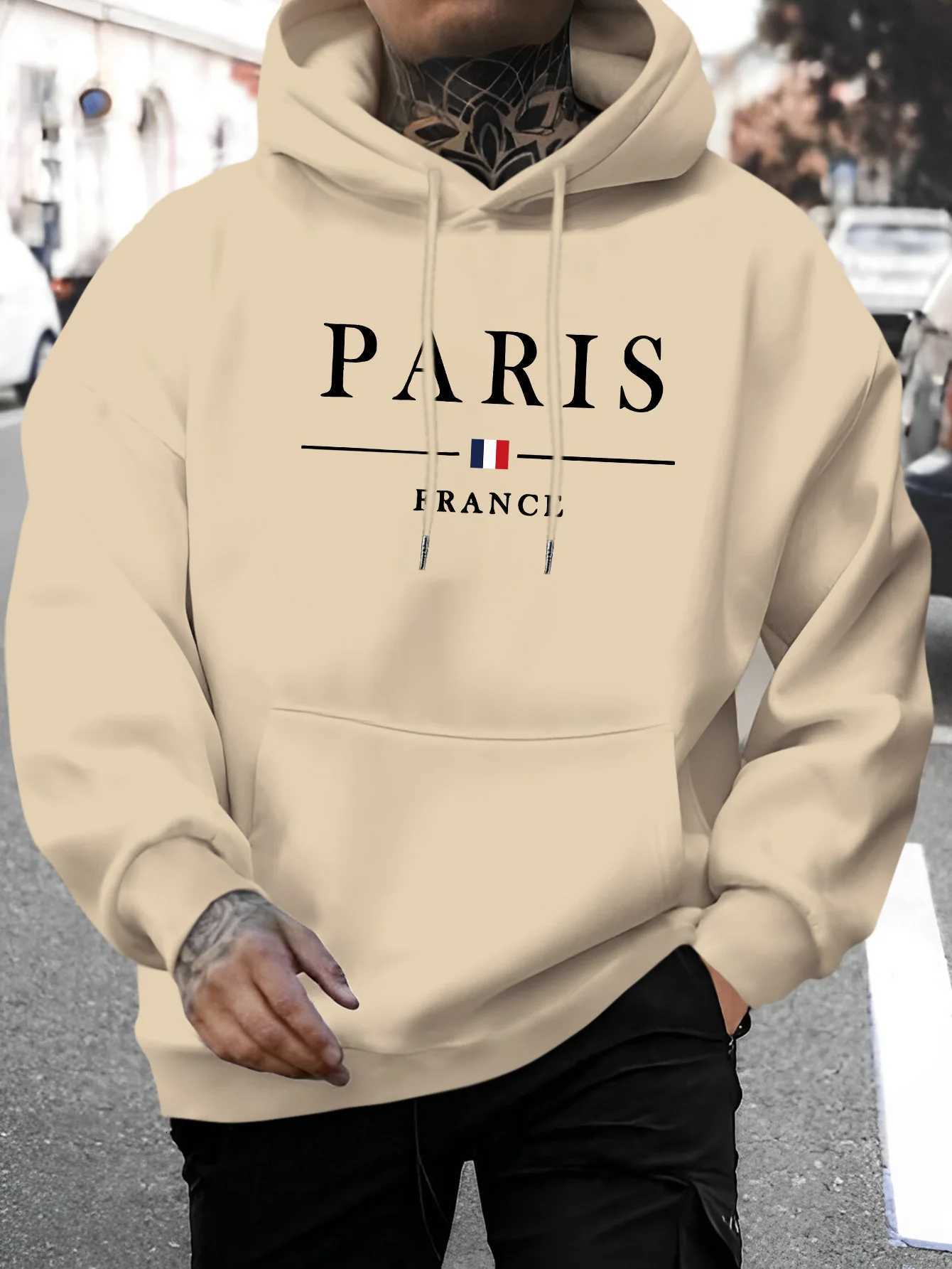Mens autumn and winter casual fashion loose Paris letter pattern printed long sleeved hooded sweatshirt warm pullover W251211