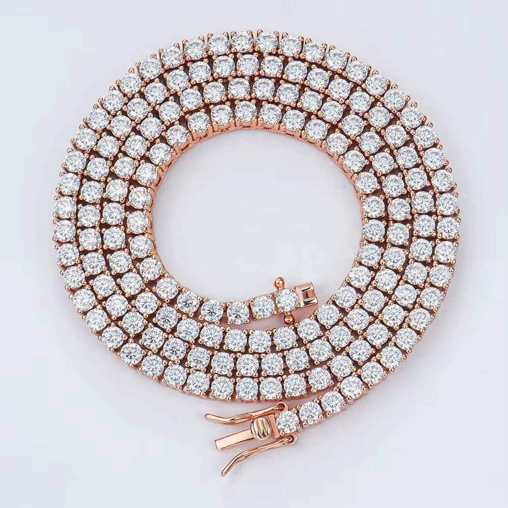 Fashion Jewelry 3mm Moissanite 925 Silver Rose Gold Plated Hiphop Tennis Link Chain
