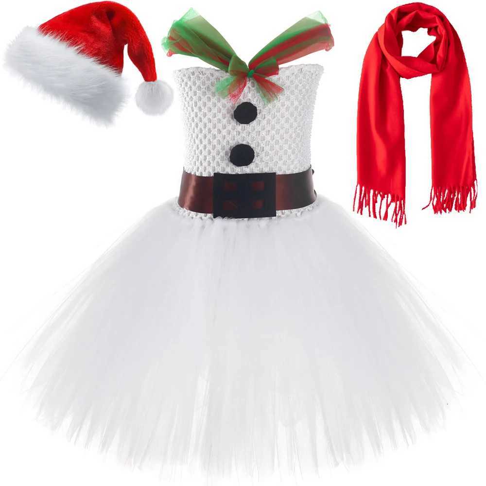 White Snowman Christmas Costumes for Girls Xmas Party Dresses Gift for Kids New Year Outfit Princess Ballet Tutus with Hat Scarf X251212