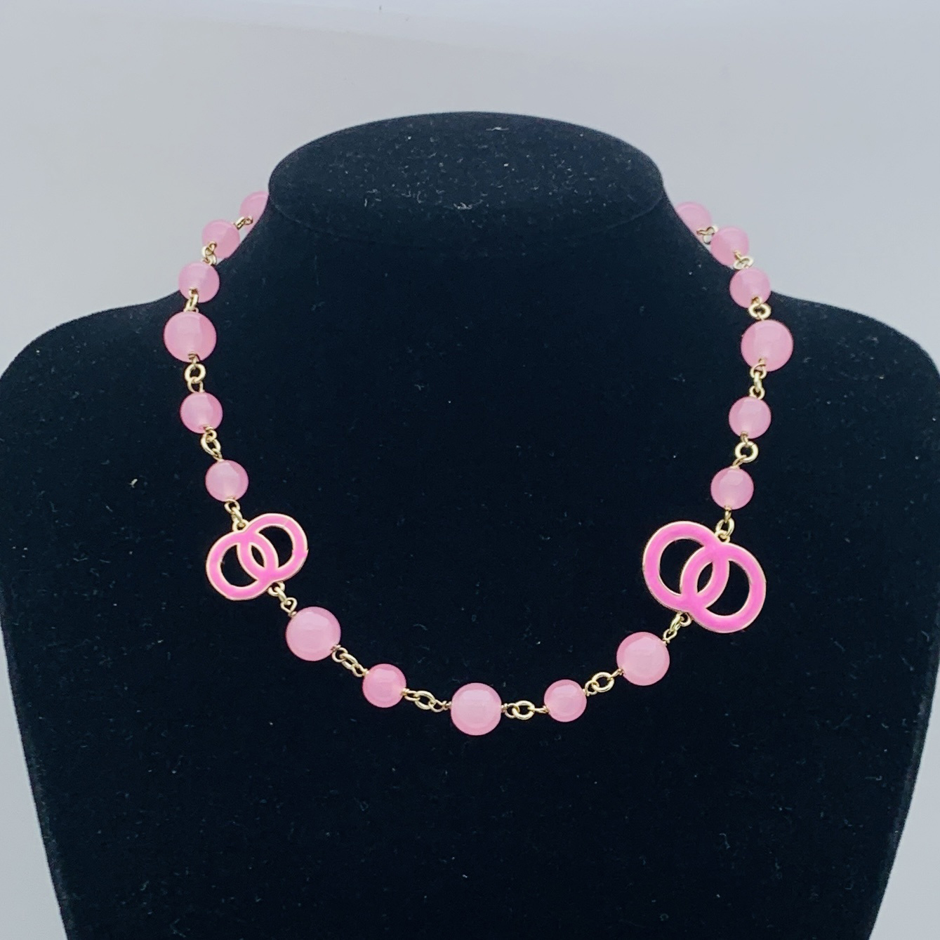 Bright Pink Beaded Necklace With Gold Toned Decor Details Daily Playful And Stylish Jewelry Gift For Her High Quality Fashionable Accessory