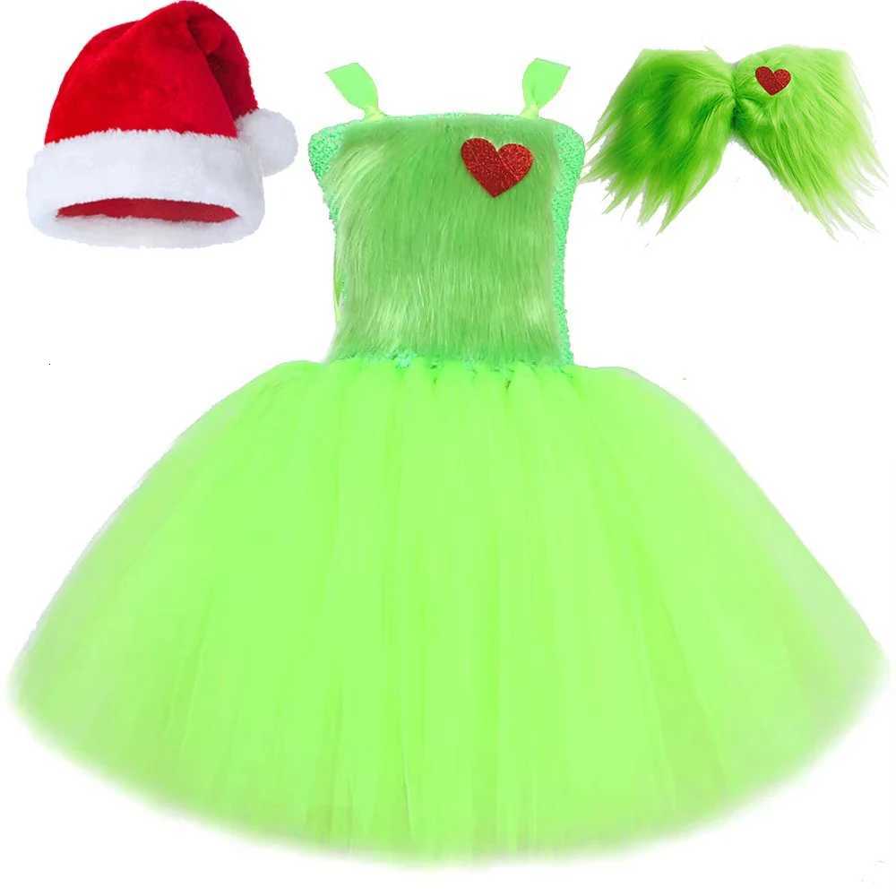 Green Hairy Monster Santa Claus Costumes for Girls Christmas Carnival Tutu Dress Outfit with Hat Kids New Year Clothes Xmas Gift X251212
