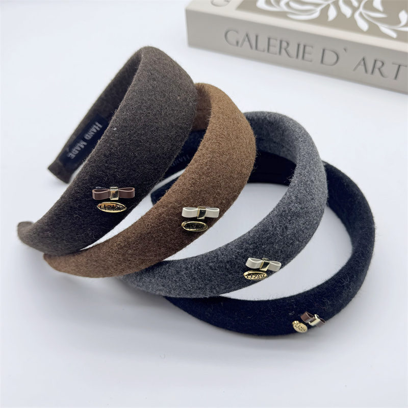 Fashionable Luxury Bow Metal Solid-Color Wool Wide-Band Sponge Headband High Crown 3D Headband Women's Versatile Hair Clip Hair Accessory