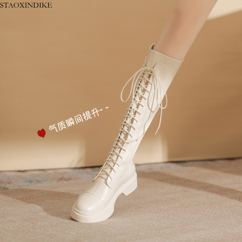 STAOXINDIKE Gomeini 2023 Autumn Winter New Martin Boots for Women Thick Sole Lace-up Stretch Boots Off-white Boots 6160-2