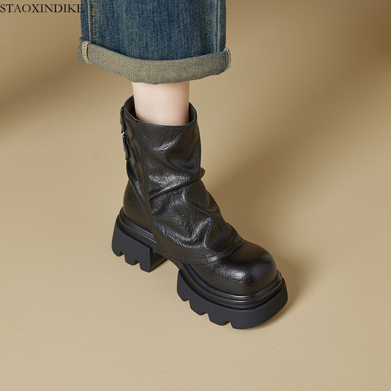 STAOXINDIKE Women's 2025 New Autumn Winter Boots Thick Sole Genuine Leather Slouch Boots Slimming Versatile Cuff Boots Women's Martin Boot