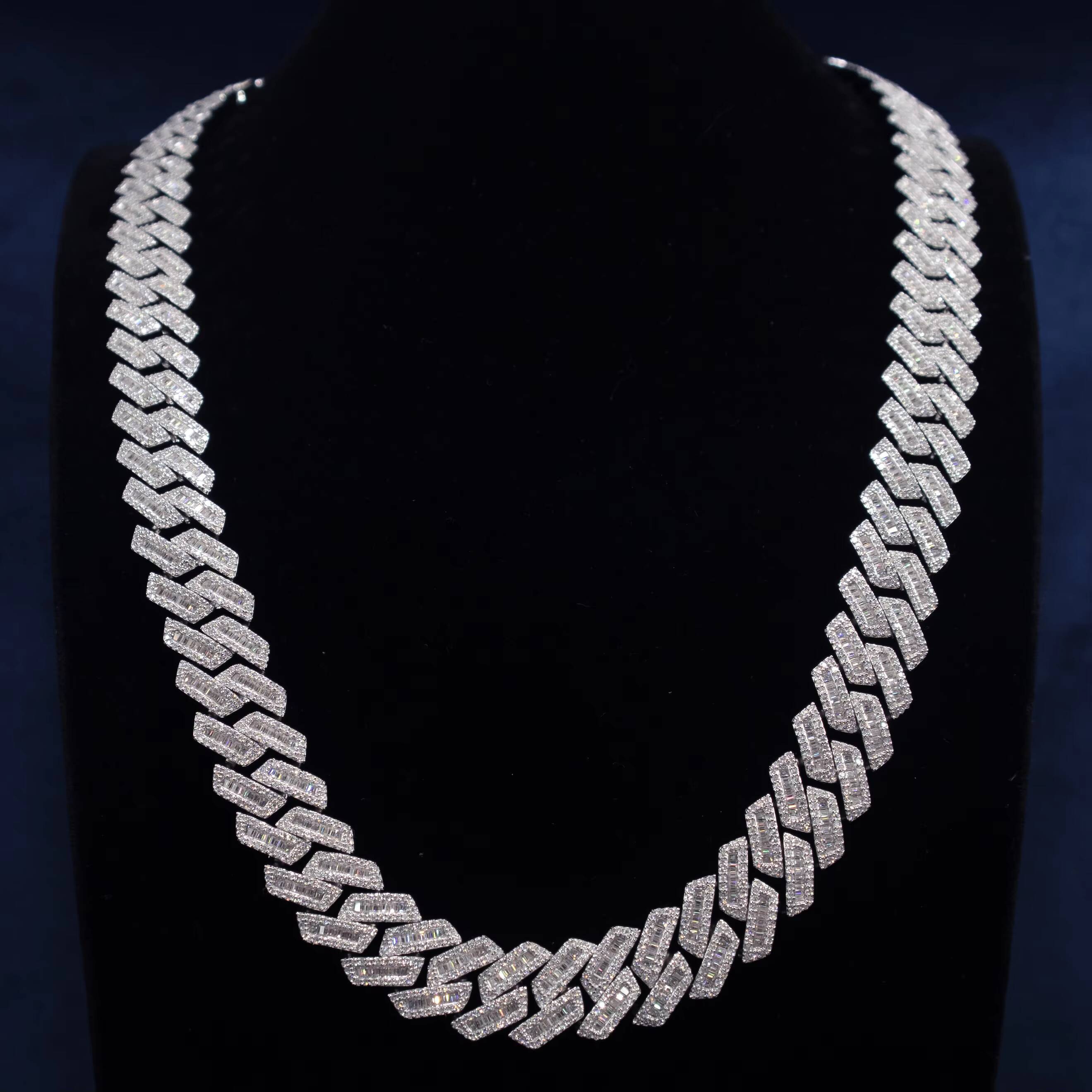 Blingbling Hiphop 12mm 15mm Cuban Chain Rectangular Baguette 925 Silver Iced Out Moissanite Cuban Link Chain