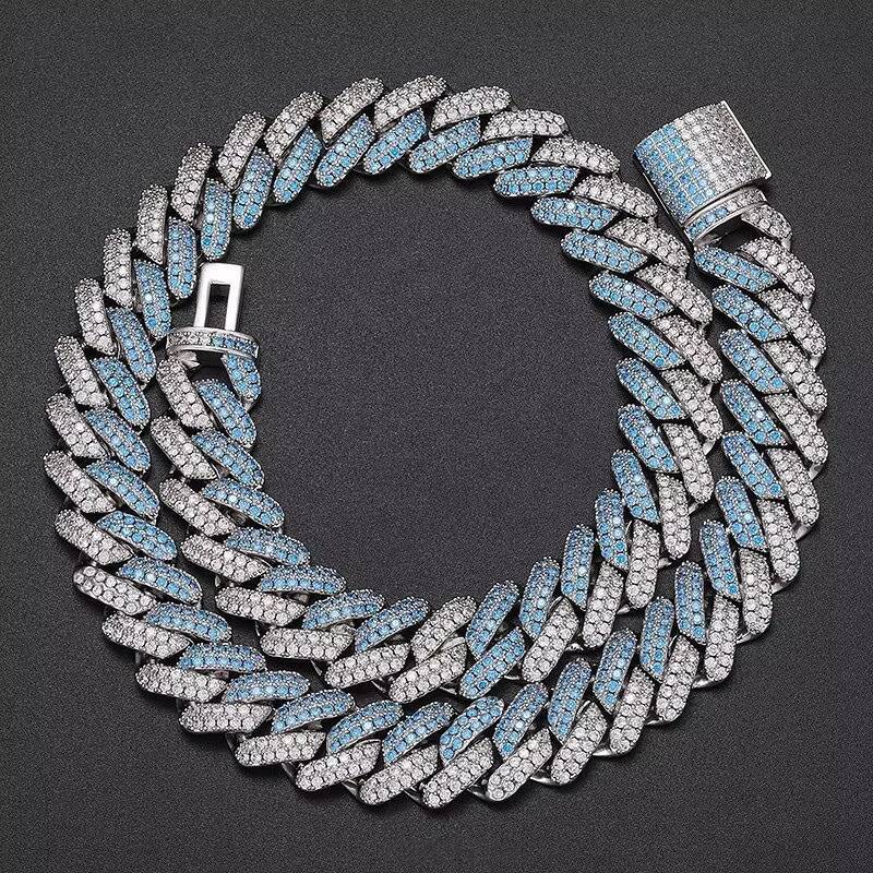 Hiphop Cuban Chain 18mm Two Tone Blue Moissanite 925 Silver Iced Out Moissanite Cuban Link Chain