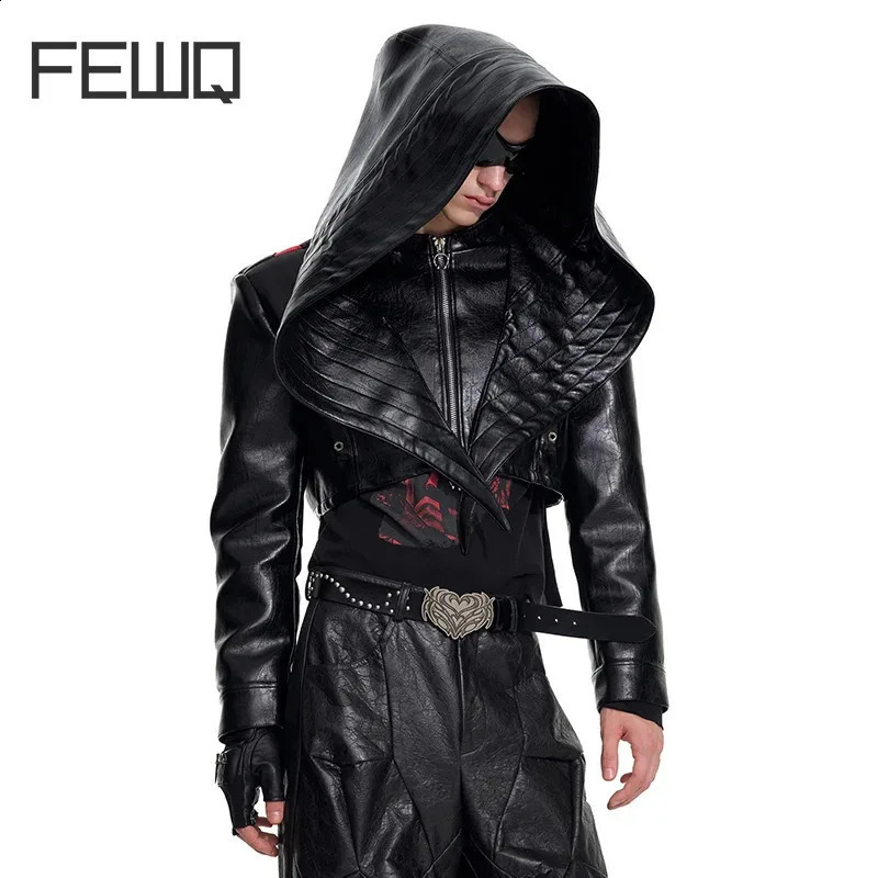 FEWQ Dark Style Mens PU Leather Jackets Bat Hat Contrast Color Patchwork Zipper Hooded Loose Male Short Coats Trendy 24K5779 251210