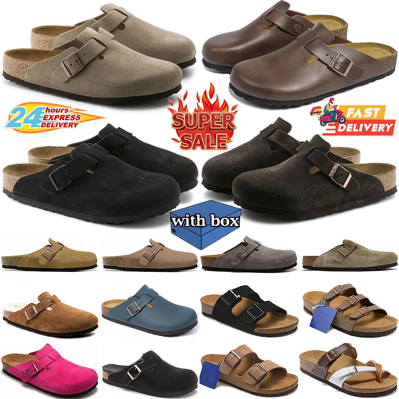 with box designer slippers men women clogs suede leather mules stylish slides mens outdoor comfortable fashion sandals black brown tan taupe shoes S