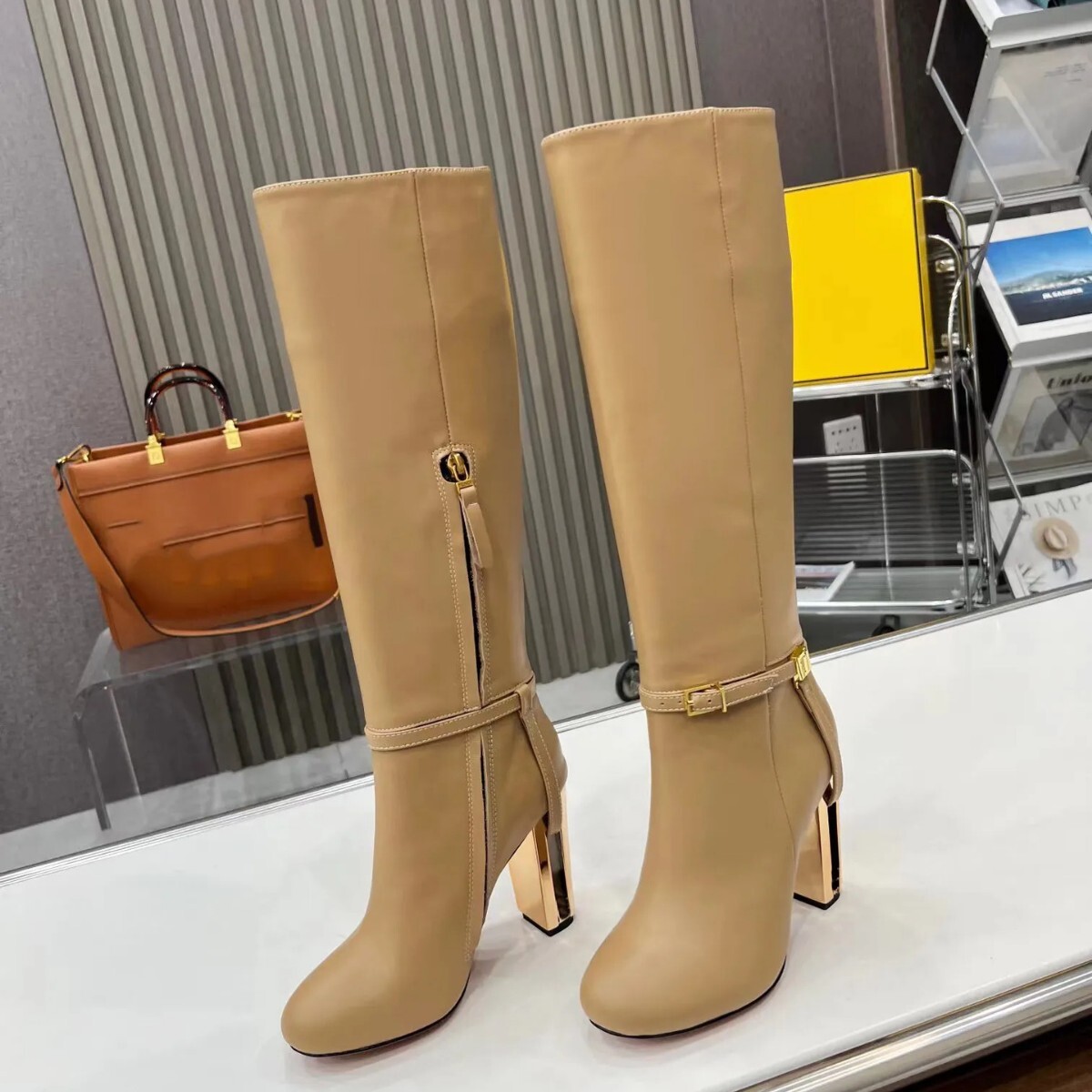 2026 European and American Foreign Trade Autumn Winter Runway Round Toe High Heel Long Tube Strap Buckle Slip-On Women's Boots Slimming Versati