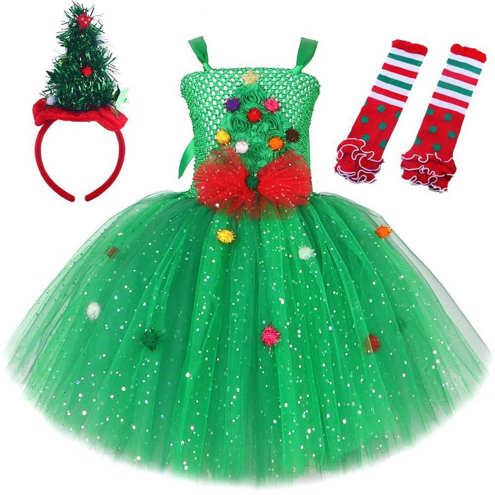 Sparkly Green Christmas Tree Costumes for Girls Flowers Xmas Party Tutu Dress Kids New Year Twinkle Outfit Child Holiday Clothes X251212
