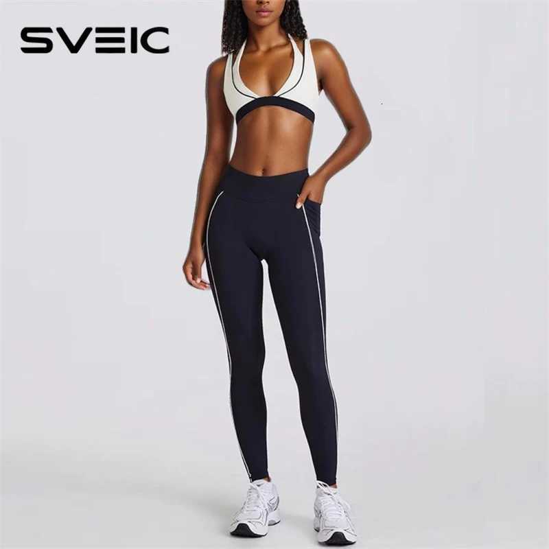 SVEIC Yoga Set Fake Two-Piece Sports Bras V-Neck Hanging Neck Fitness Contrast Color Workout Running Leggings Gym Woman ClothingT251212-image-1088146323