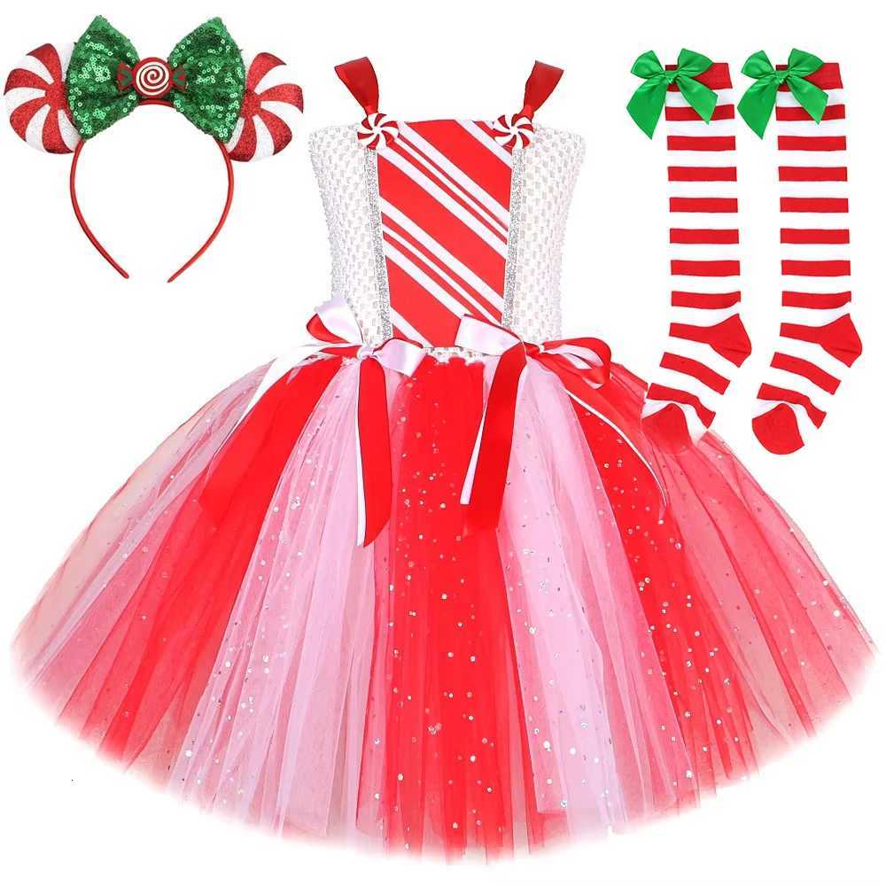 Sparkly Christmas Candy Costumes for Girls White Red Xmas Party Dresses with Bow Socks Kids New Year Tutu Outfit Holiday Clothes X251212