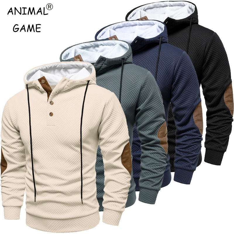 Mens Fashion Pullover Hooded Long Sleeve Drawstring Button Sweatshirt Streetwear Texture Athletic Hiking Outdoor Jackets 251210