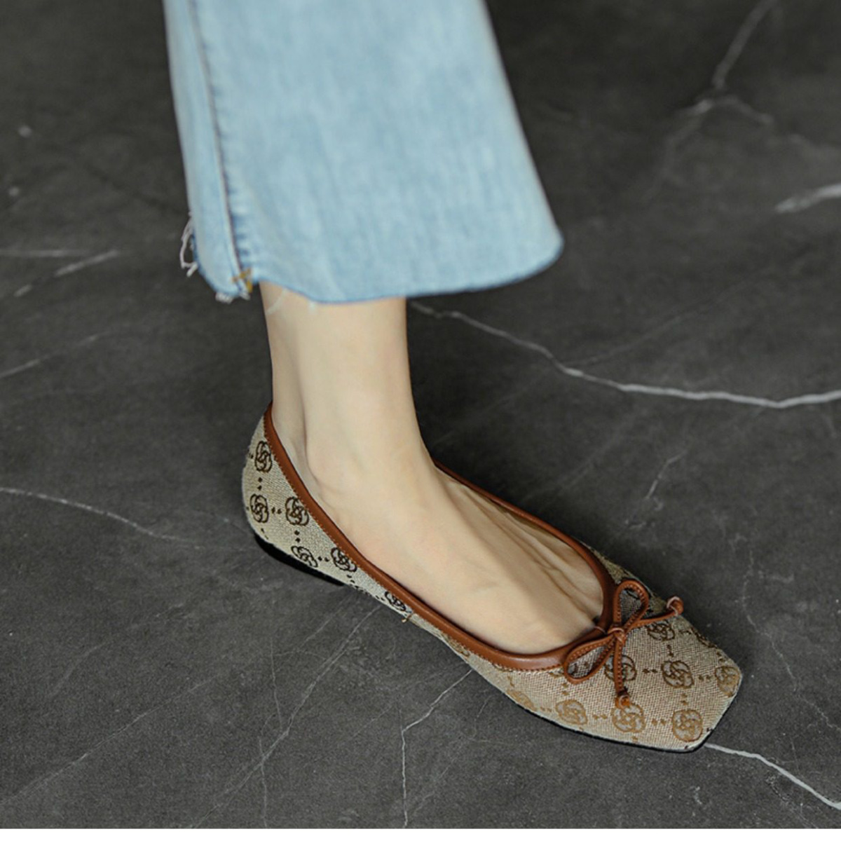 Elegant Classic Print Womens Shoes 2026 New Design Bow Detail Versatile Dress Shoes Soft Sole Comfort Square Toe Flats Free Shipping Size 35-40