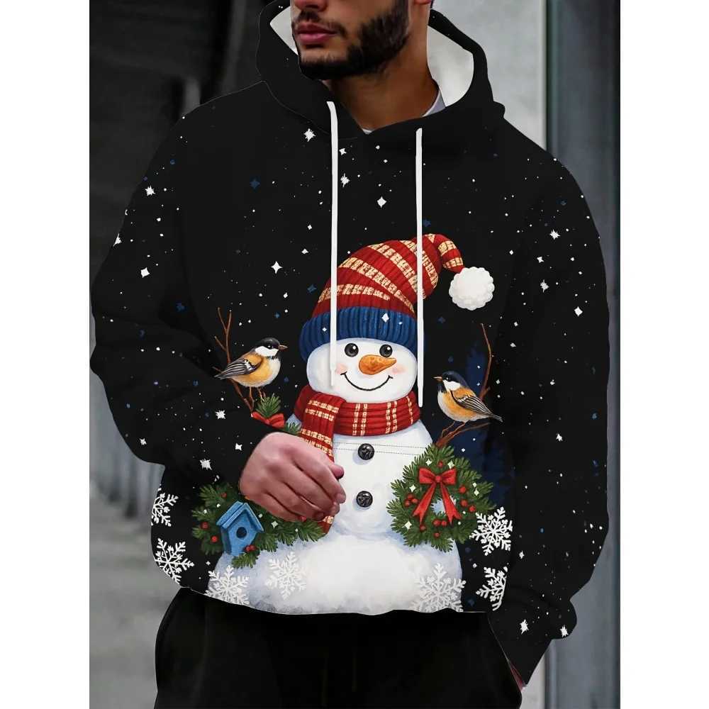 New Years Mens Winter Snowman Snowflake Print 3D Hooded Sweatshirt Casual Comfortable Long Sleeves with Pockets Mens Hoodies W251211