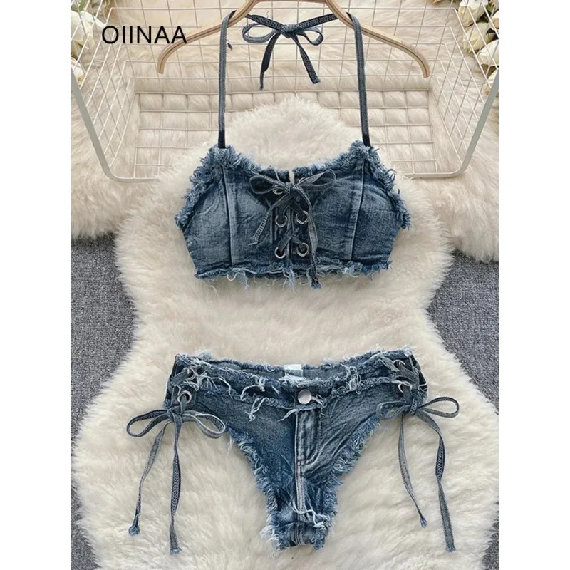 OIINAA Bathing Suit Women Sexy Denim Suits Bikini Set Lace Up Drawstring Beachwear Solid Summer Vintage Two-pieces Swimwear 251211