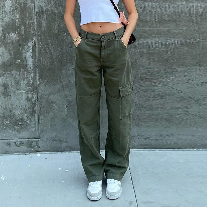 Women Jean Cargo Denim Pants Spliced Ankle Length Jeans Pockets High Street Mid Waist Solid Zipper Fly Washed Loose Casual 251212