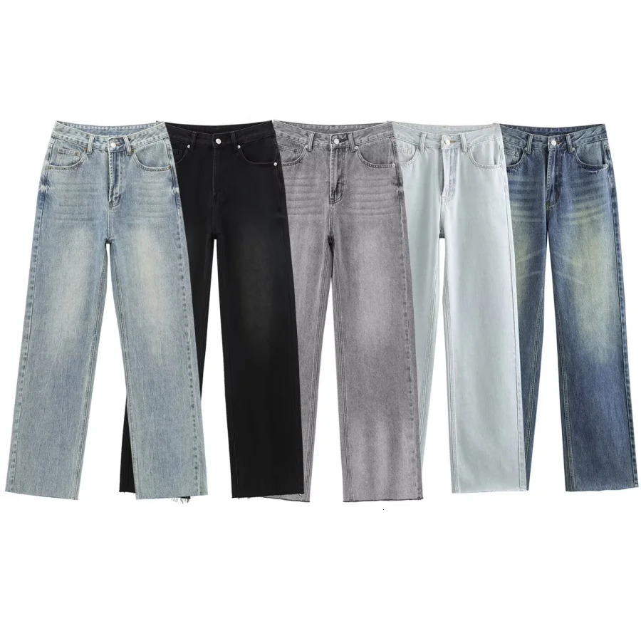 ETJ Wide-leg high-waisted jeans womens classic everything with five pockets washed soft comfortable ultra-long jeans6045022251205