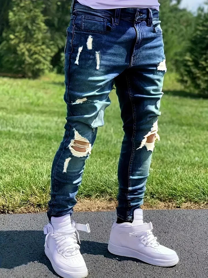 MenS Distressed Fashion Jeans - Street Style Comfortable Stretch Denim with Ripped Detail Versatile for All Seasons Everyday 251209