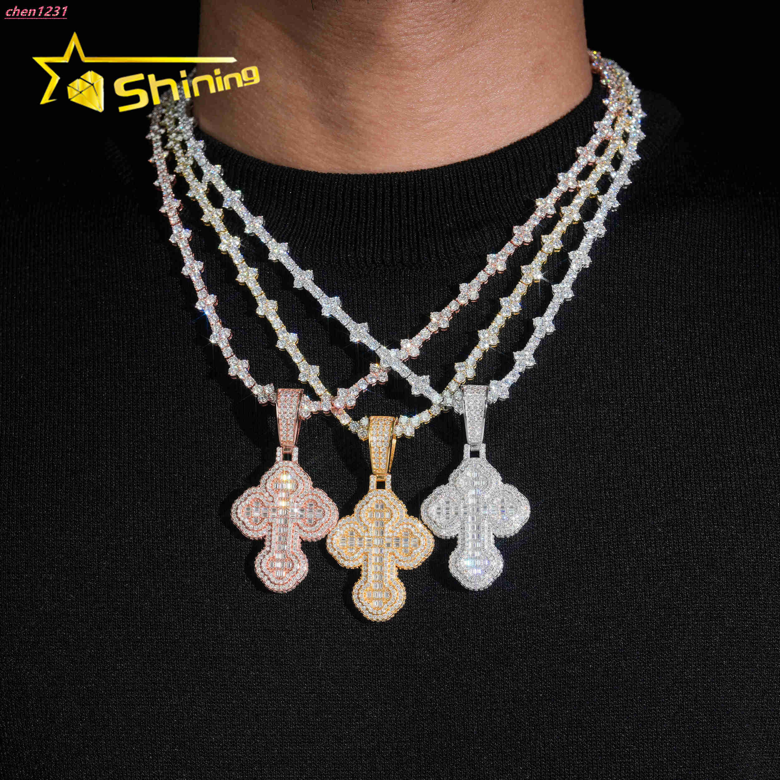 Hot Sale Design Cross Mossanite Pendant 925 Sterling Silver Baguette Moissanite Pendant Iced Out Diamond Charm Pendant
