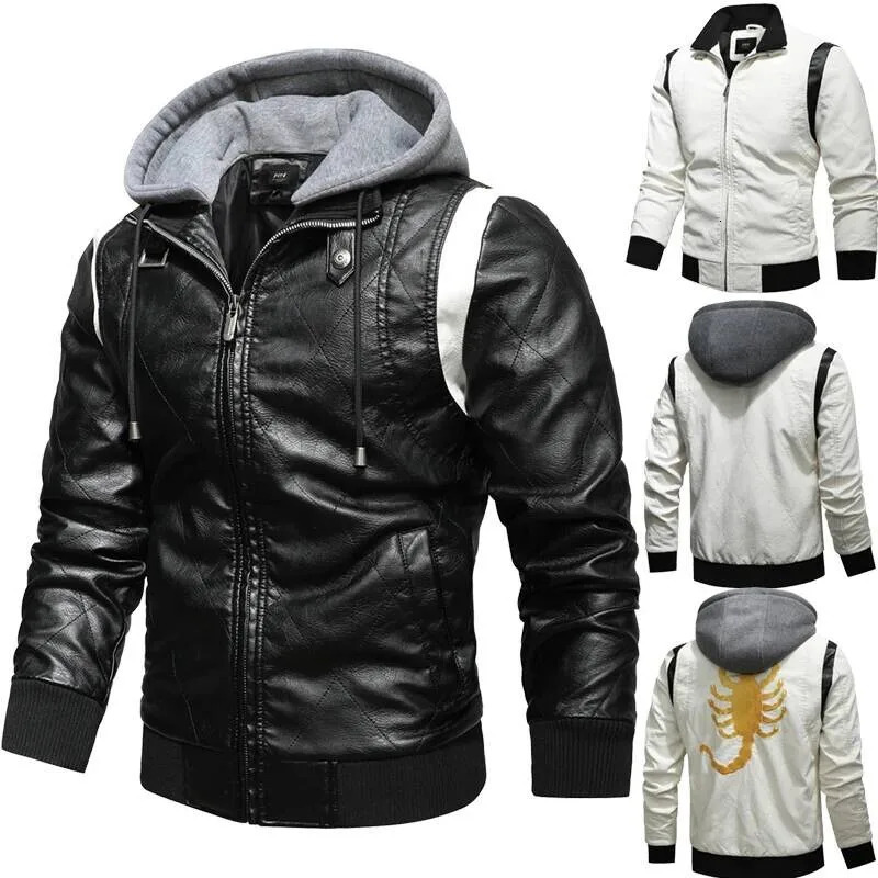Autumn Winter Bomber Men Scorpion Embroidery Hooded PU Leather Motorcycle Mens Ryan Gosling Drive Jacket 251211