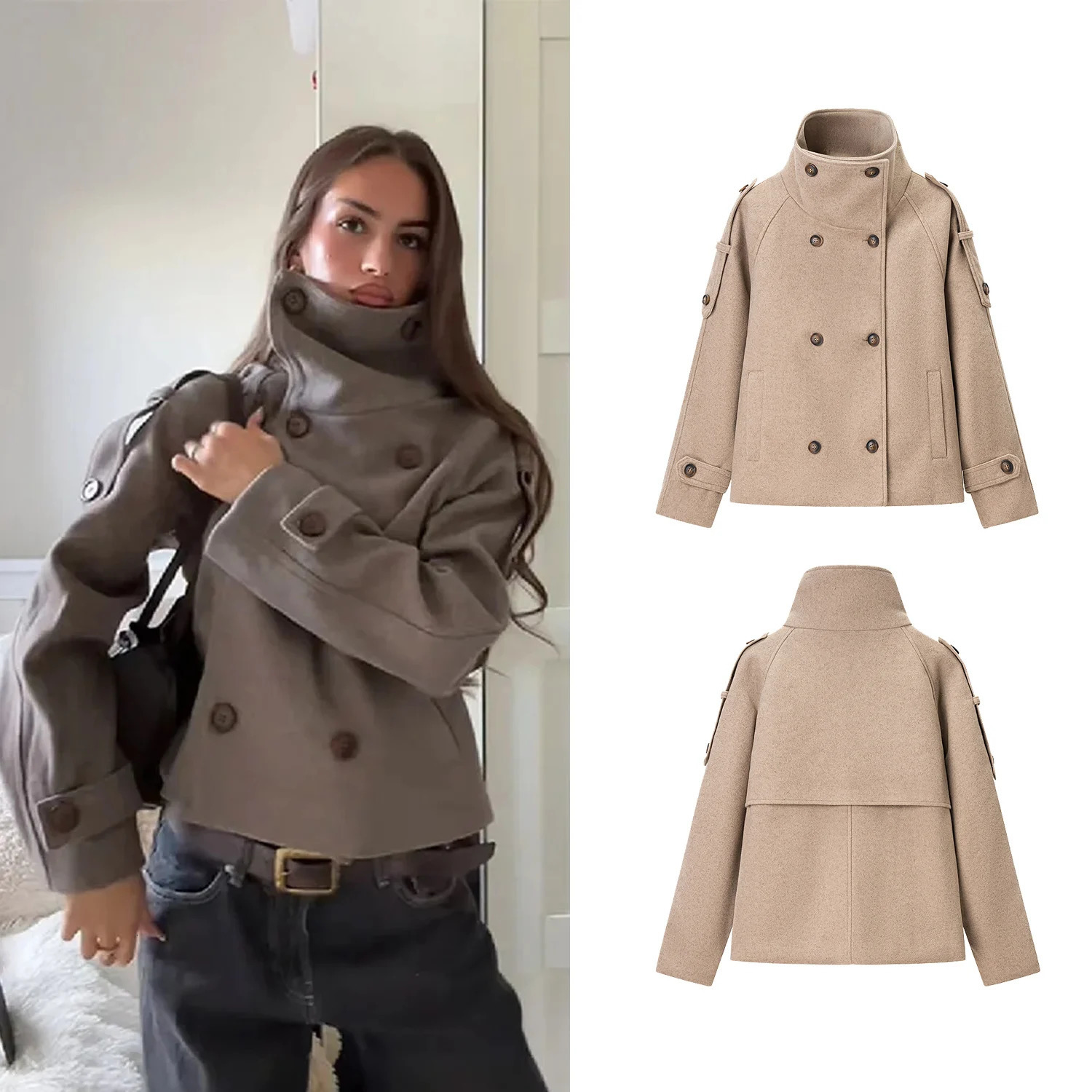 Autumn Winter Women Stand Collar Woolen Coat Female Double Breasted Loose Long Sleeve Casual Jacket Streetwear Short 251204