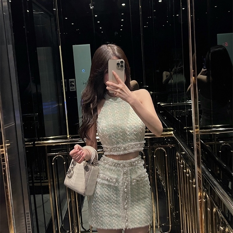 Temperament Celebrity Coarse Tweed Hanging Neck Top Hip Wrap Skirt Two-piece Set Women Bead Sleeveless Slim Summer Spicy Wear 251205