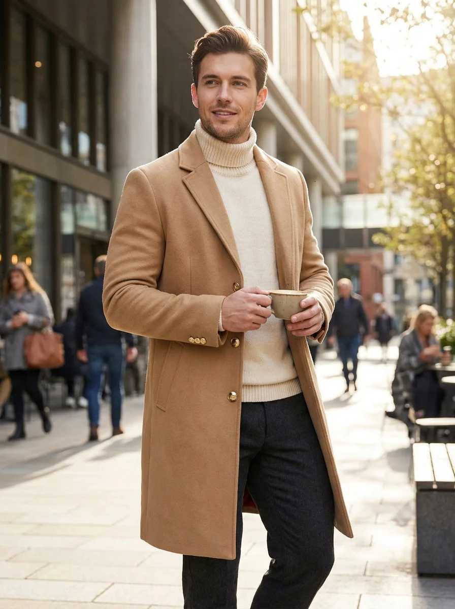 Business Casual Mens Wool Blend Trench Heavyweight Long Man Jackets Solid Color Men Winter CoatT251213