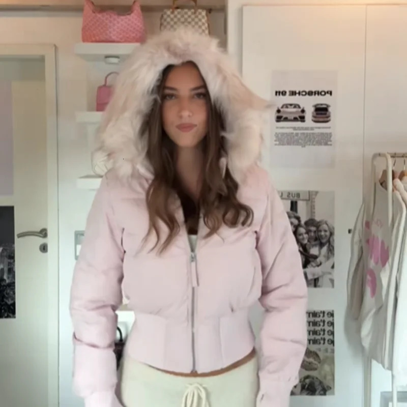 Chic Fur Collar Hooded Womens Cotton Jacket Solid Zipper Slim Waist Pocket Warm Thick Coat 2025 Winter Autumn Female Outerwear251205