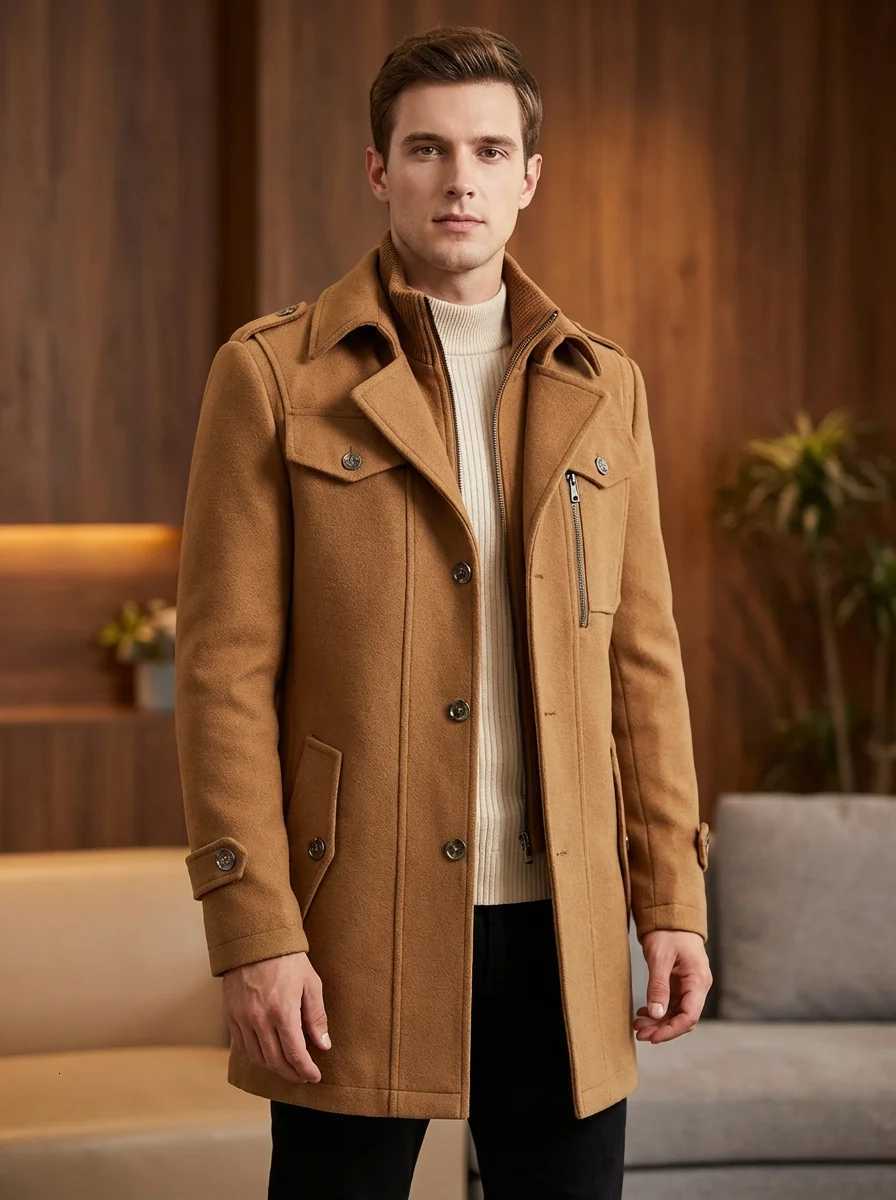 Mens Double Collar Wool blend Trench Coats Mans Winter Overcoat Business Casual Jackets ManT251213